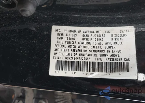 2017 Honda Accord Ex-L from USA, damaged, VIN 1HGCR2F84HA229655